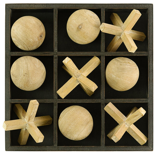 A wooden Tic-Tac-Toe game board with wooden balls and crosses in a wooden box.