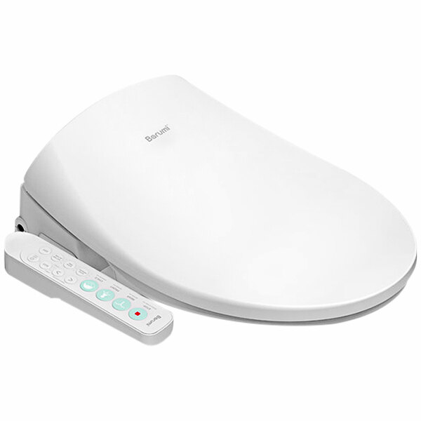 A white Barumi elongated electric bidet toilet seat with remote control and buttons.