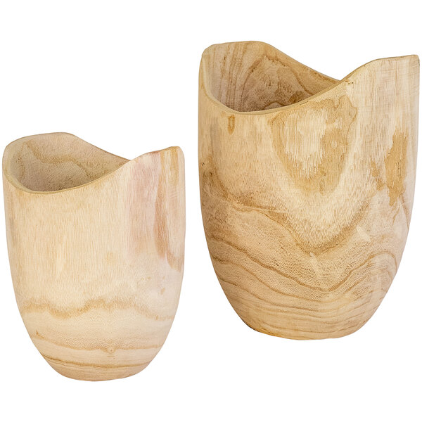 A pair of tall hand-carved wooden bowls with a curved shape.