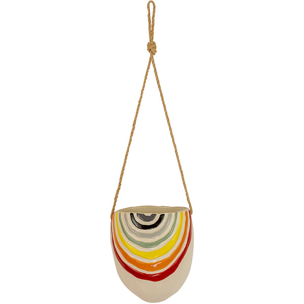 A Kalalou hanging ceramic pot with a rainbow design and rope handle.