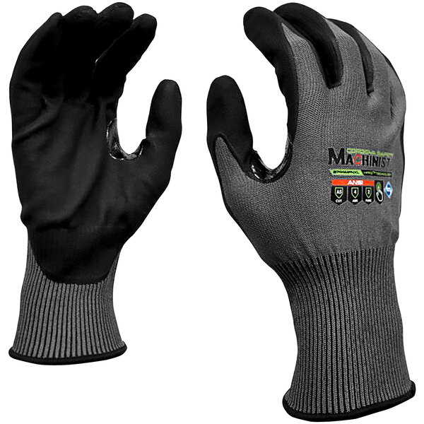 A pair of Cordova dark gray work gloves with black and gray trim.