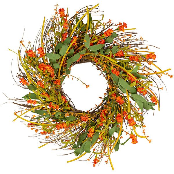 An artificial autumn wreath with orange flowers and green leaves.
