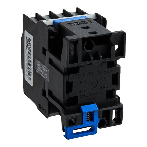 A black and blue electrical component with multiple slots and a spring mechanism, featuring some printed specifications on its surface.