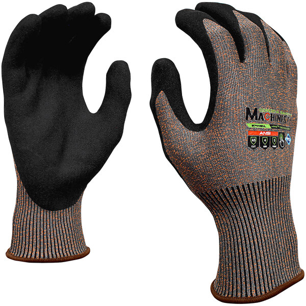 A pair of Cordova Machinist cut-resistant gloves with black sandy nitrile palms and gray fabric.