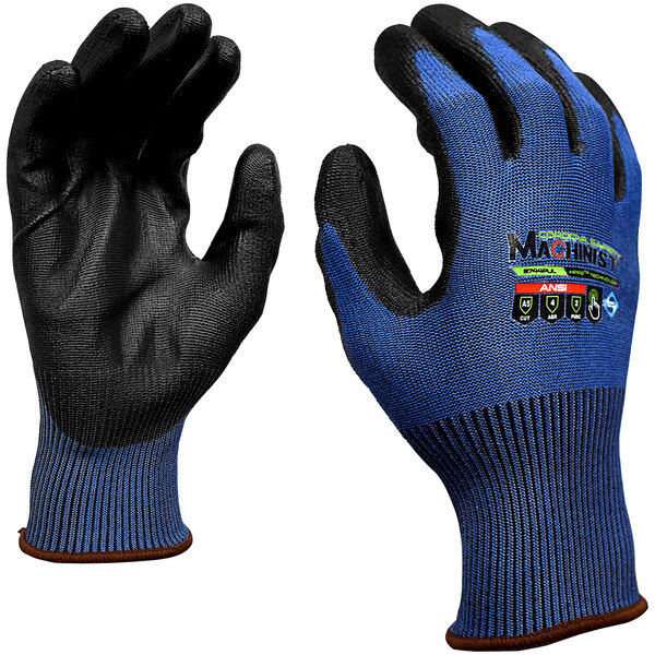 A pair of blue Cordova Machinist work gloves with black polyurethane palms and blue accents.