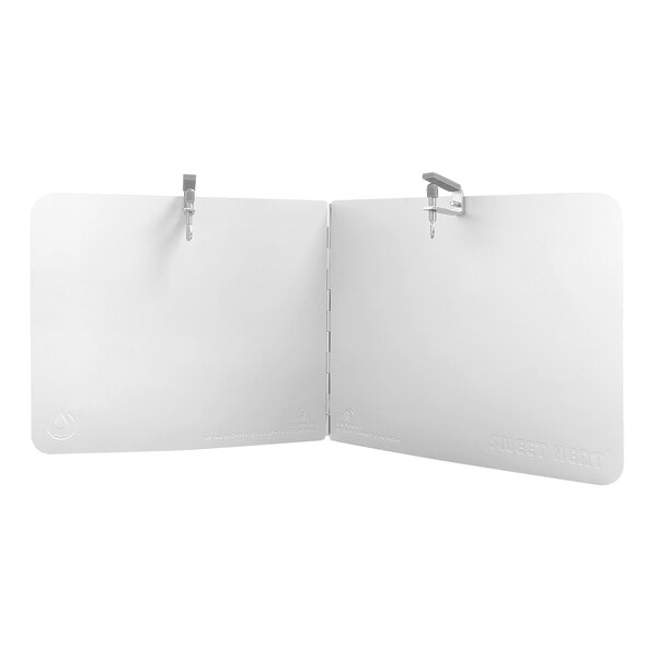 A white rectangular Sweet Heat tabletop heat reflector with metal clips.