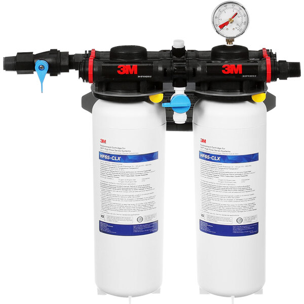 A 3M High Flow Series water filtration system with two filters and a pressure gauge.