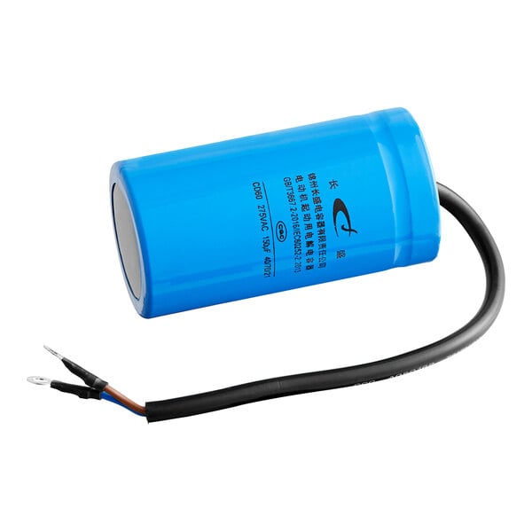 A blue cylindrical Estella running capacitor with black text and black wires.