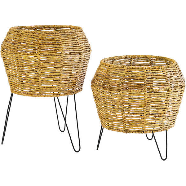 A pair of Kalalou wicker baskets on metal stands.