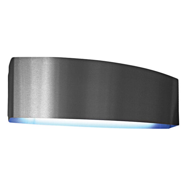 A silver and black PestWest Mantis Sirius wall light with blue light.