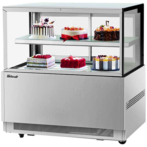 Turbo Air TBP48-46FN-S 47 1/4" Square Glass Two-Tier Stainless Steel Refrigerated Bakery Display Case with Lift-Up Front Glass
