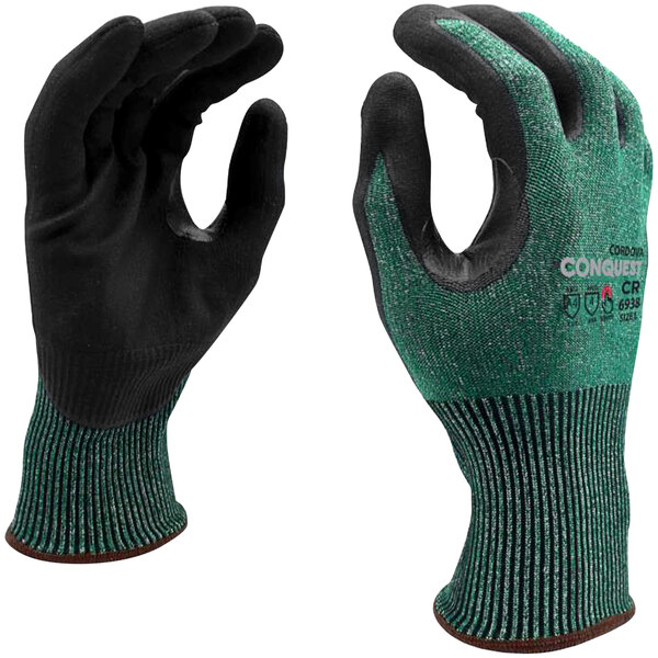 A pair of Cordova green and black gloves with black microfoam nitrile palms.