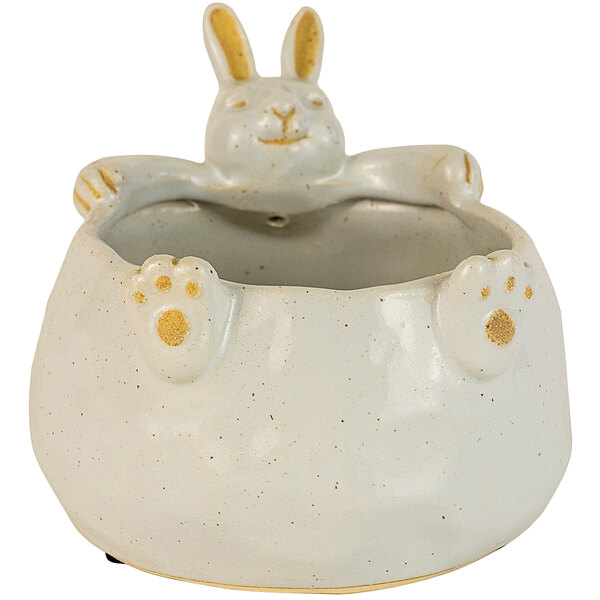 A white ceramic rabbit planter sitting in a bowl.