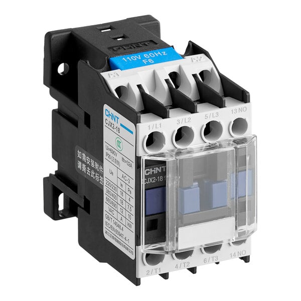 A black Estella AC contactor with a blue and white label.
