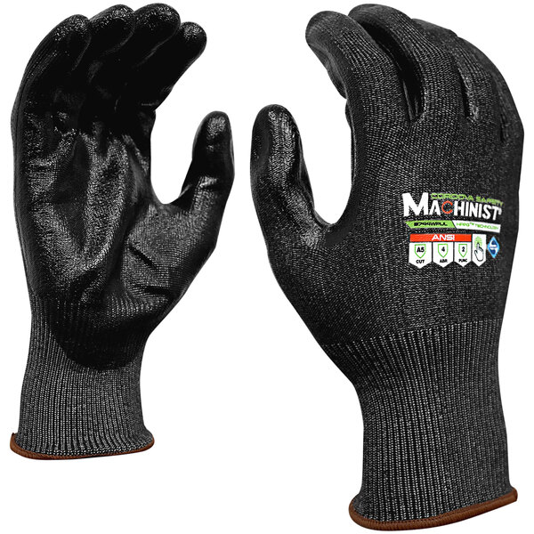 A pair of black Cordova Machinist gloves with black Eco water-based polyurethane palm coating.