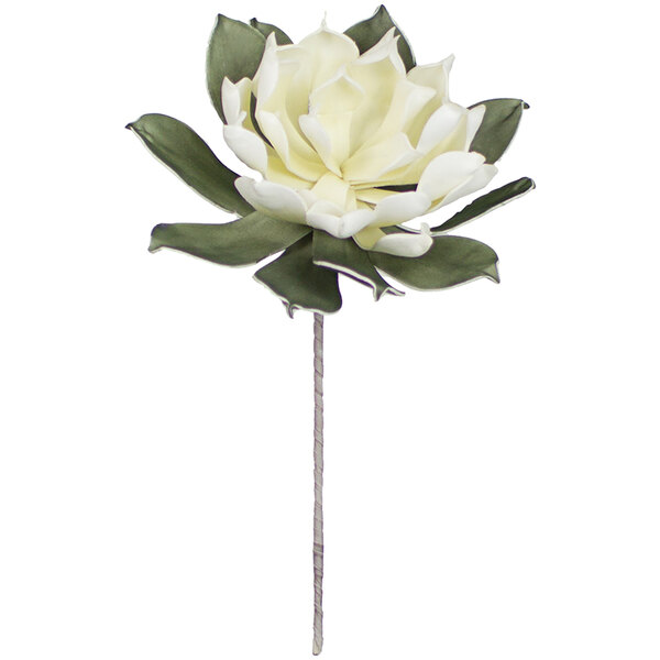 A white flower with green leaves on a stick.