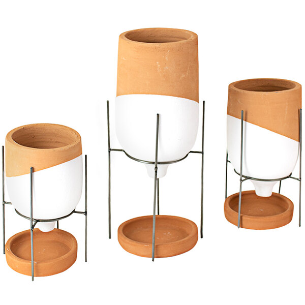 Kalalou 3Piece Natural and White Clay Pot Set on Wire Stands