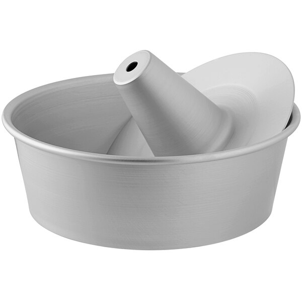 A LloydPans Angel Food Cake Pan with a silver finish and a removable bottom.