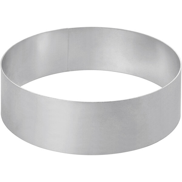 A silver circle object on a white background.
