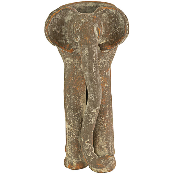 A close-up of a Kalalou tall clay elephant planter statue with a long trunk.