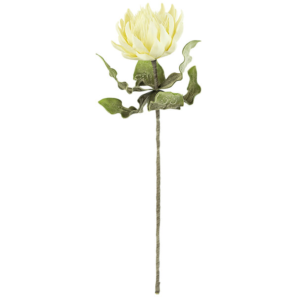 A white artificial floral stem with a yellow flower and green leaves.