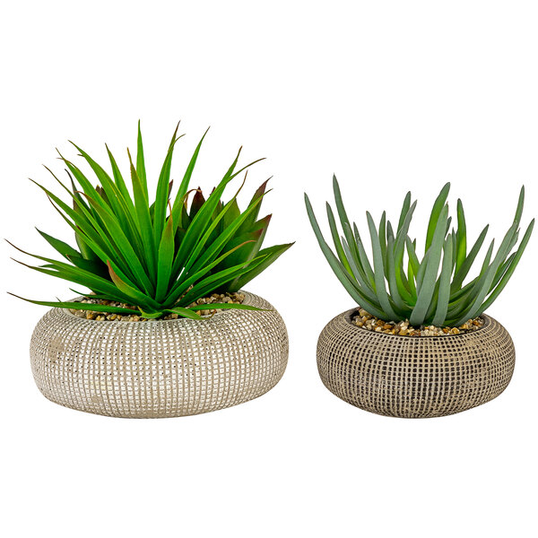 Two small concrete pots with artificial succulents in them.
