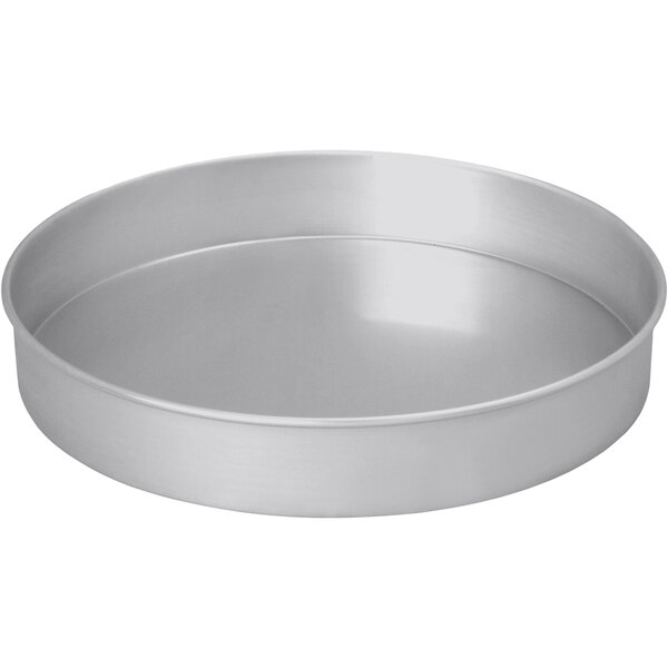 A LloydPans round silver cake pan with a white background.