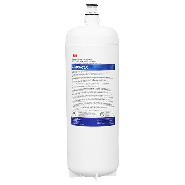 A white 3M Water Filtration Products cylinder with a blue label and black text.