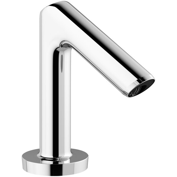 A close-up of a Sloan polished chrome deck mount sensor faucet with a round base.