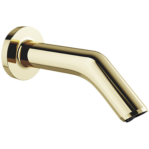 A close-up of a gold Sloan wall mount sensor faucet with black accents.