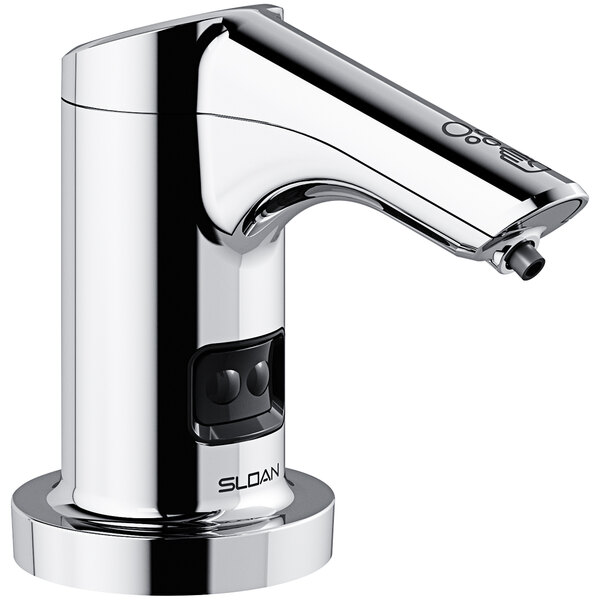 A Sloan battery-powered deck mount soap dispenser with a polished chrome finish and a silver button.