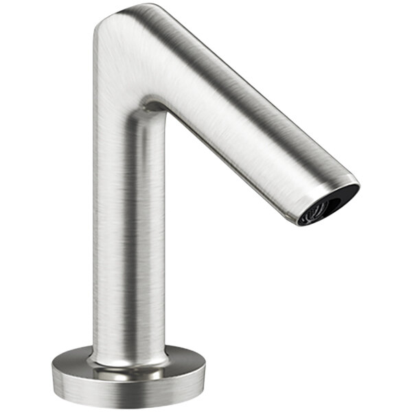 A close-up of a Sloan Optima hardwired deck mount sensor faucet with a round brushed nickel base.