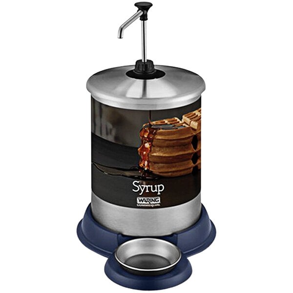 A Waring syrup dispenser with a metal container on a counter.