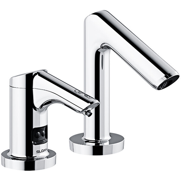 Two chrome Sloan deck mount sensor faucets.