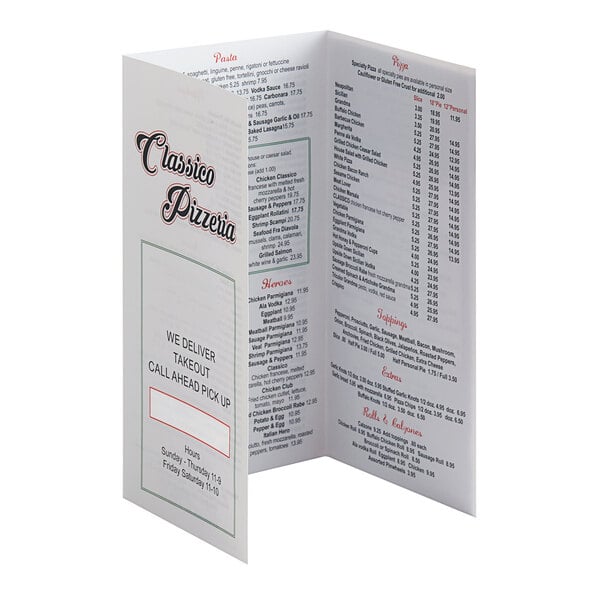 A white customizable trifold menu with rounded corners.