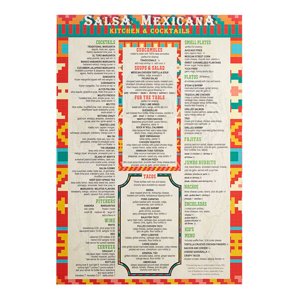 A 13" x 19" customizable waterproof menu with colorful striped border.
