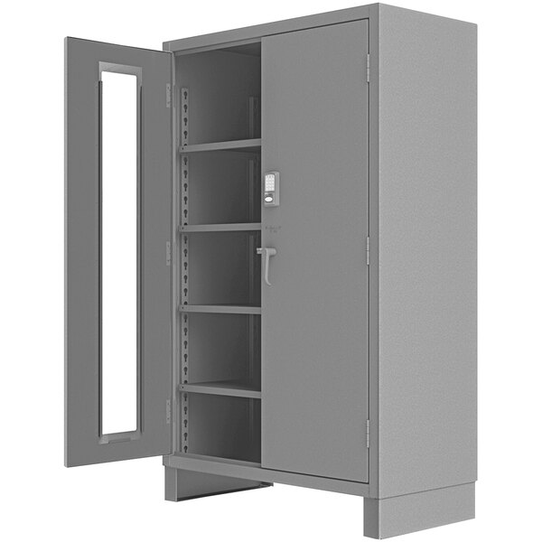 A grey metal Durham steel storage cabinet with a door open.