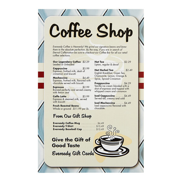 A customizable waterproof menu for a coffee shop on a counter.