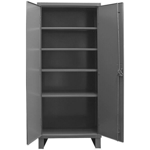 A gray metal Durham storage cabinet with open doors revealing shelves.