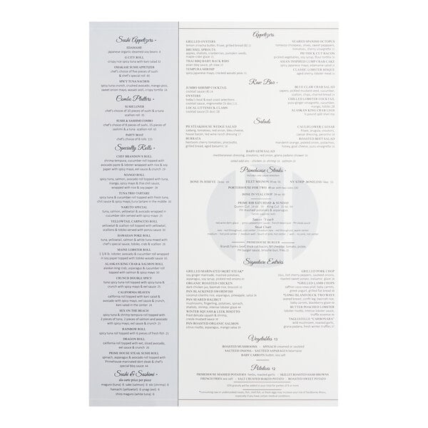 A white 11" x 17" waterproof menu with black text.