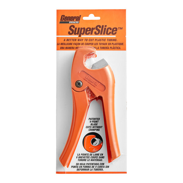 A package containing an orange General Pipe Cleaners SuperSlice plastic tubing cutter.