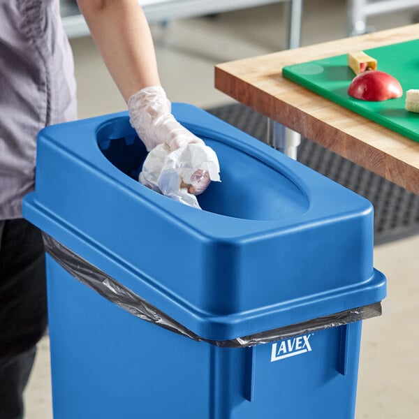 Lavex Dark Blue Slim Rectangular Trash Can Drop Shot Lid