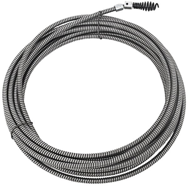 A coiled black and silver General Pipe Cleaners Flexicore cable with a metal end.