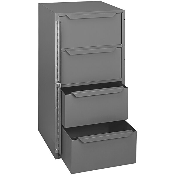 A gray Durham Mfg steel cabinet with four drawers.