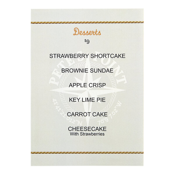 A customizable 5" x 7" waterproof menu with squared corners for desserts.