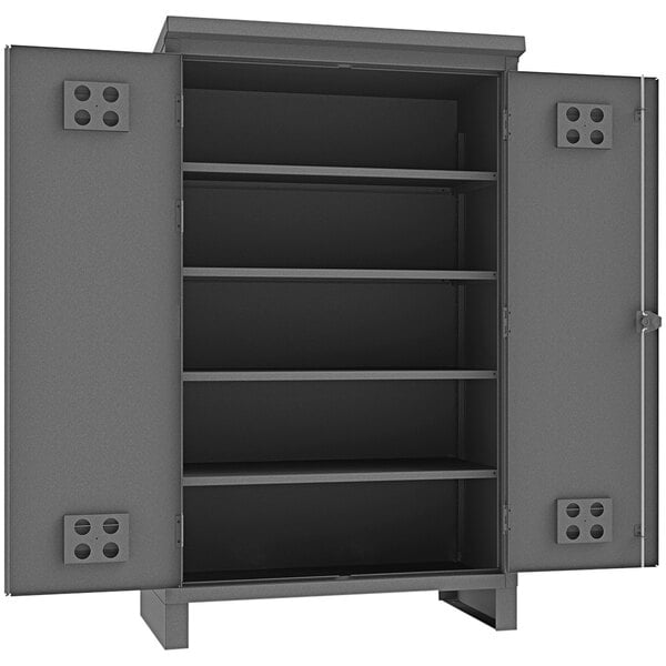 A gray metal Durham outdoor steel storage cabinet with shelves and doors open.