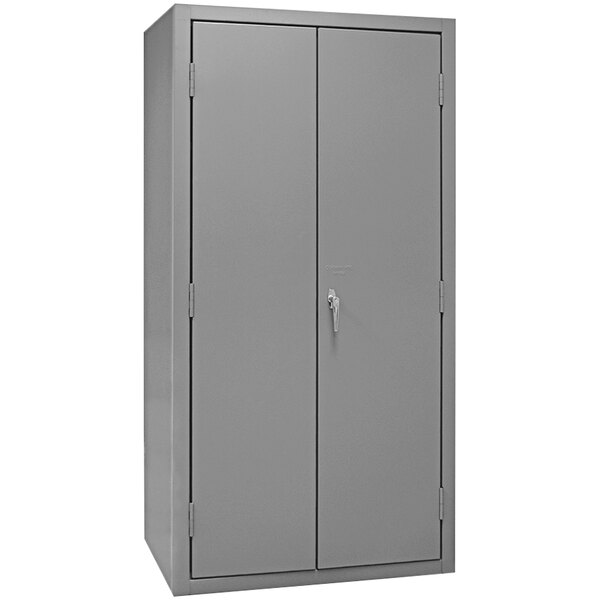 A grey metal Durham storage cabinet with two doors and a lock.