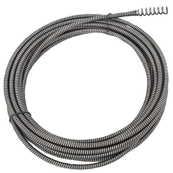 A coil of black metal wires with a black metal spring on one end.
