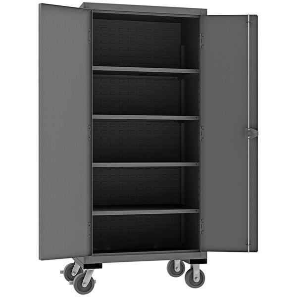 A white Durham steel mobile storage cabinet with 4 shelves and wheels.
