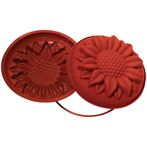 A red Silikomart silicone sunflower mold.